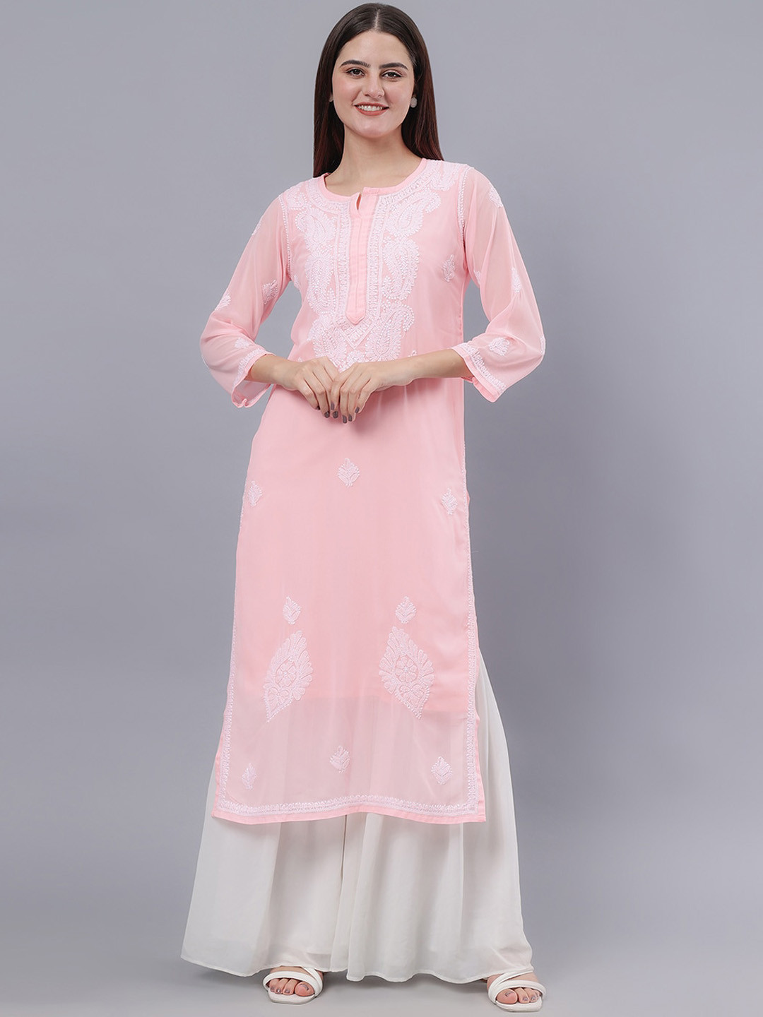 Seva Chikan Ethnic Motifs Embroidered Lucknowi Chikankari Cotton Silk Kurta With Slip