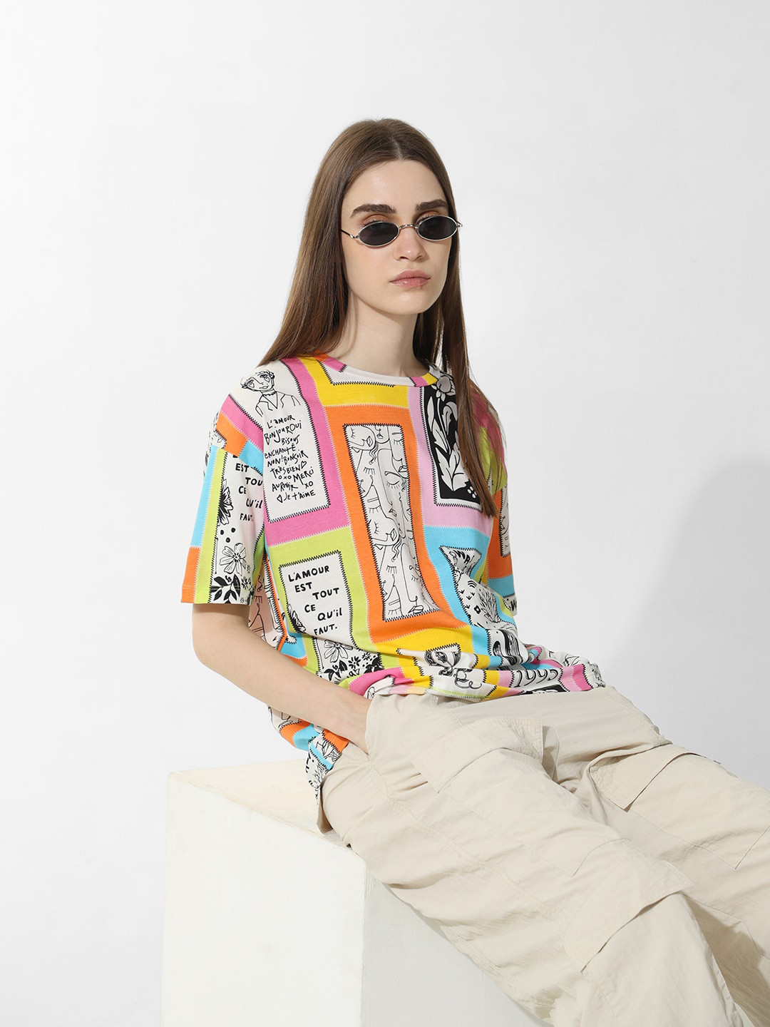 ONLY Onljoey Nuts Abstract Printed Drop-Shoulder Sleeves Pure Cotton T-shirt