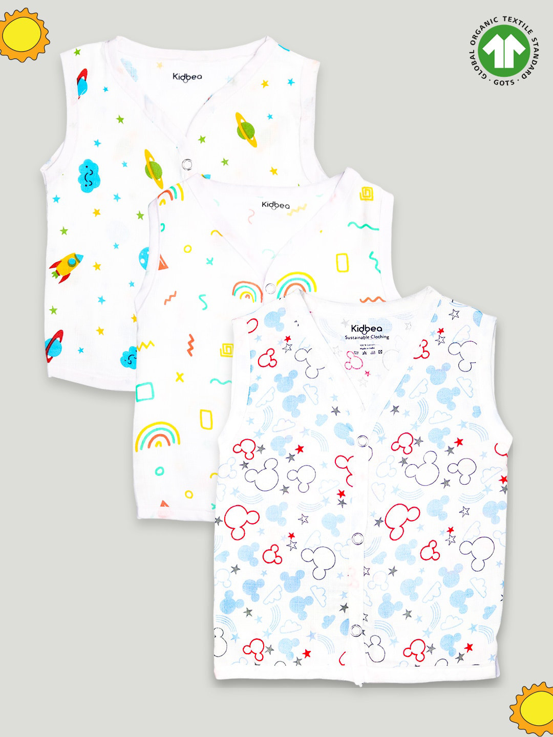 Kidbea Unisex Baby Pack of 3 Printed Cotton Muslin Jhabla