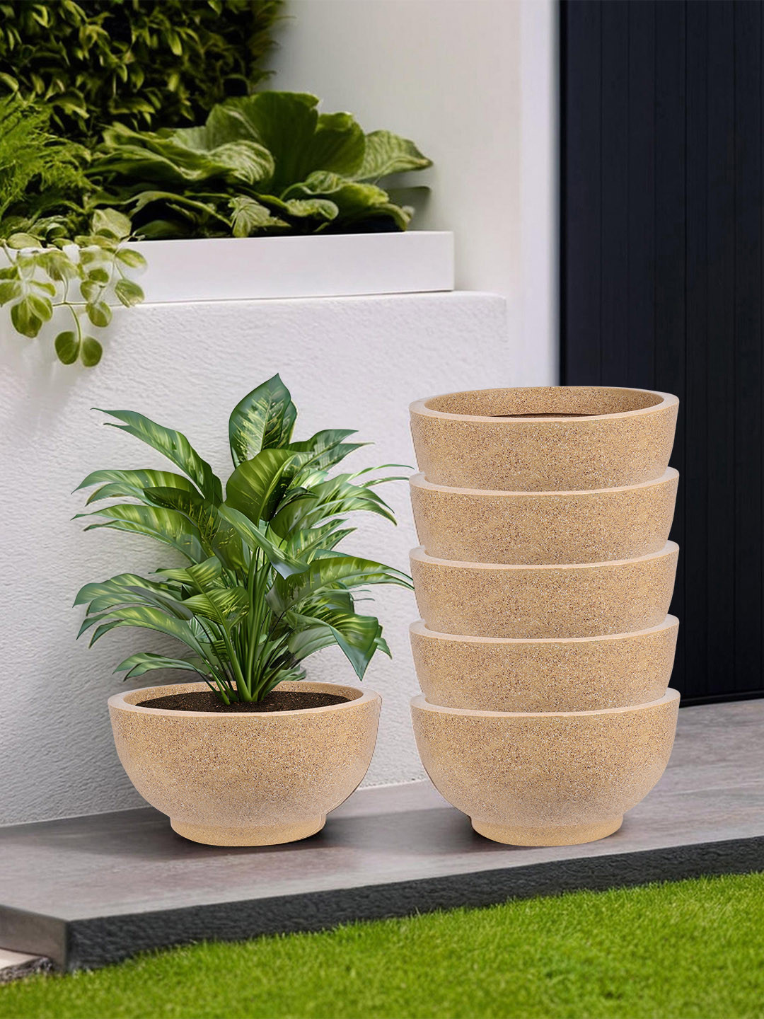 Kuber Industries Marble Lotus Cream-Colored 6 Pieces Planters