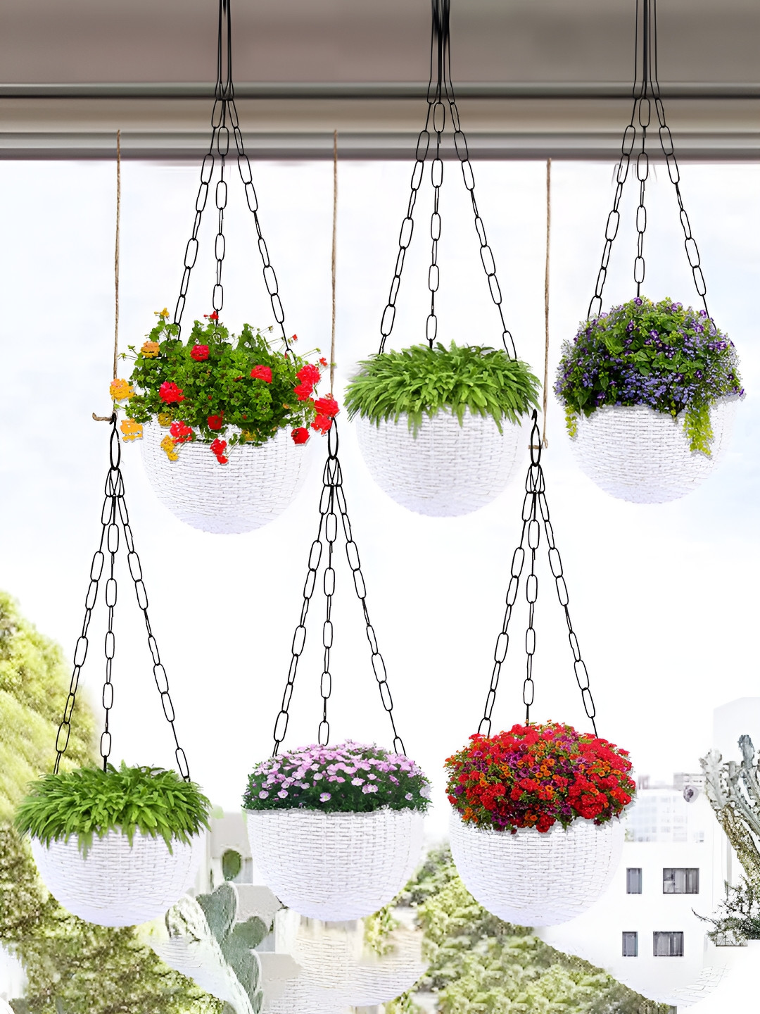 Kuber Industries Marble Euro 6-Pcs White Textured UV-Protected Hanging Planters