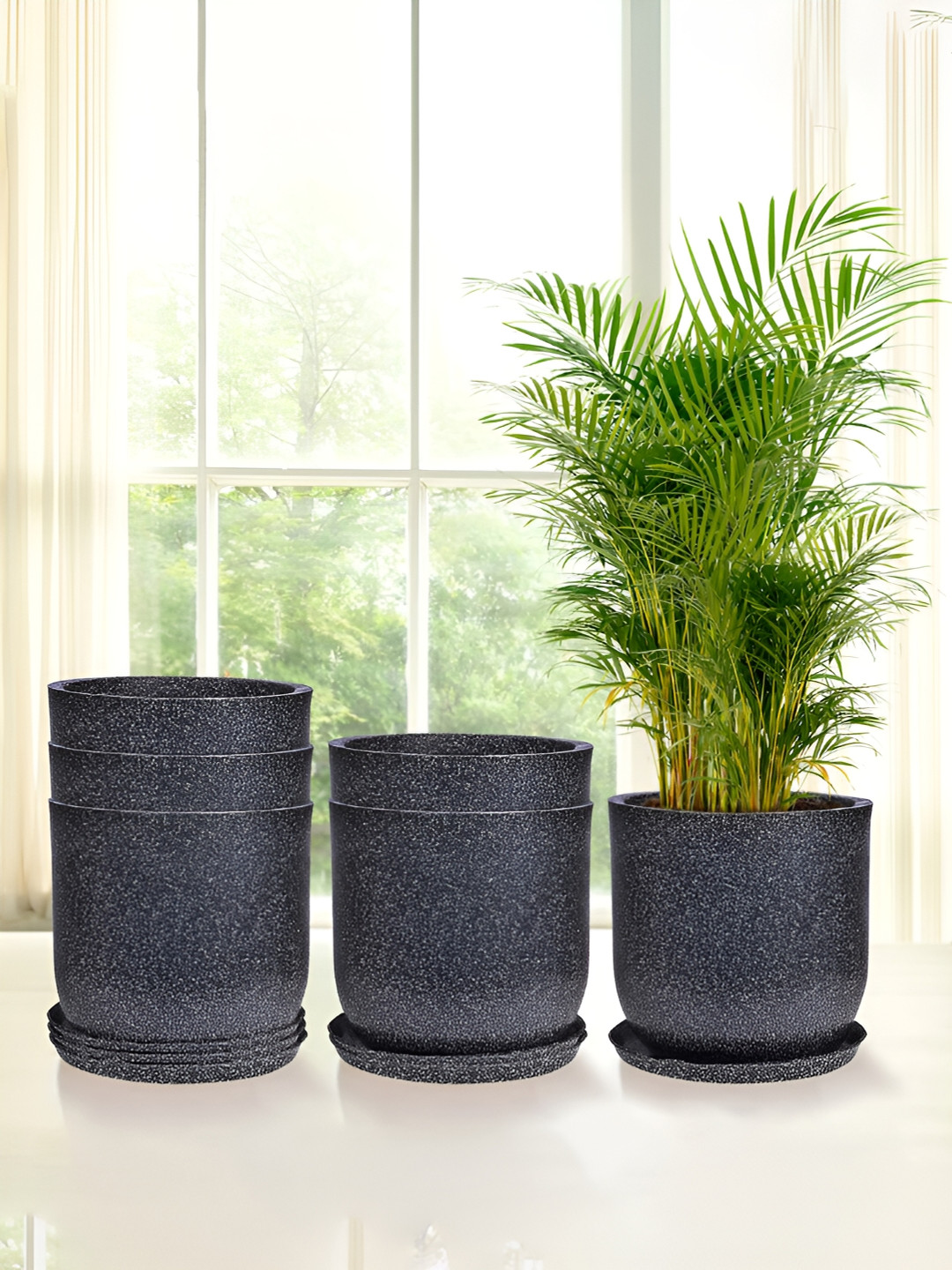 Kuber Industries Marble Jaguar Black 6 Pieces Planters with Trays