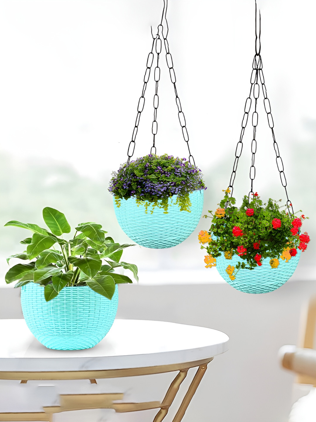 Kuber Industries Mint Green 3 Pieces Textured Hanging Planters