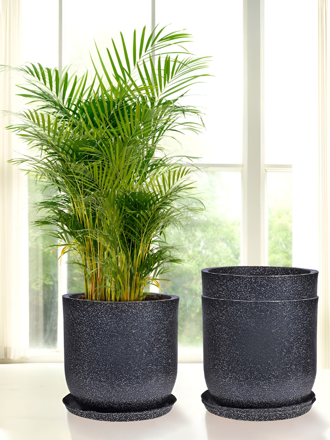 Kuber Industries Marble Jaguar 3 Pieces Black Planter with Tray