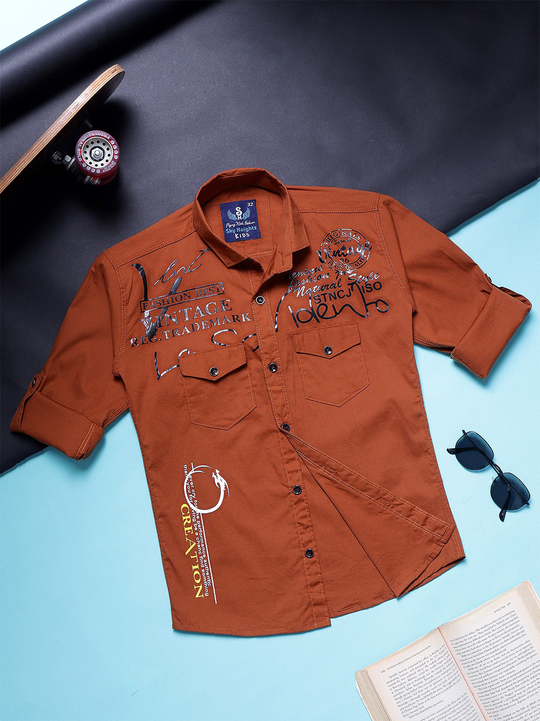 SKY HEIGHTS Boys Typography Printed Spread Collar Cotton Casual Shirt