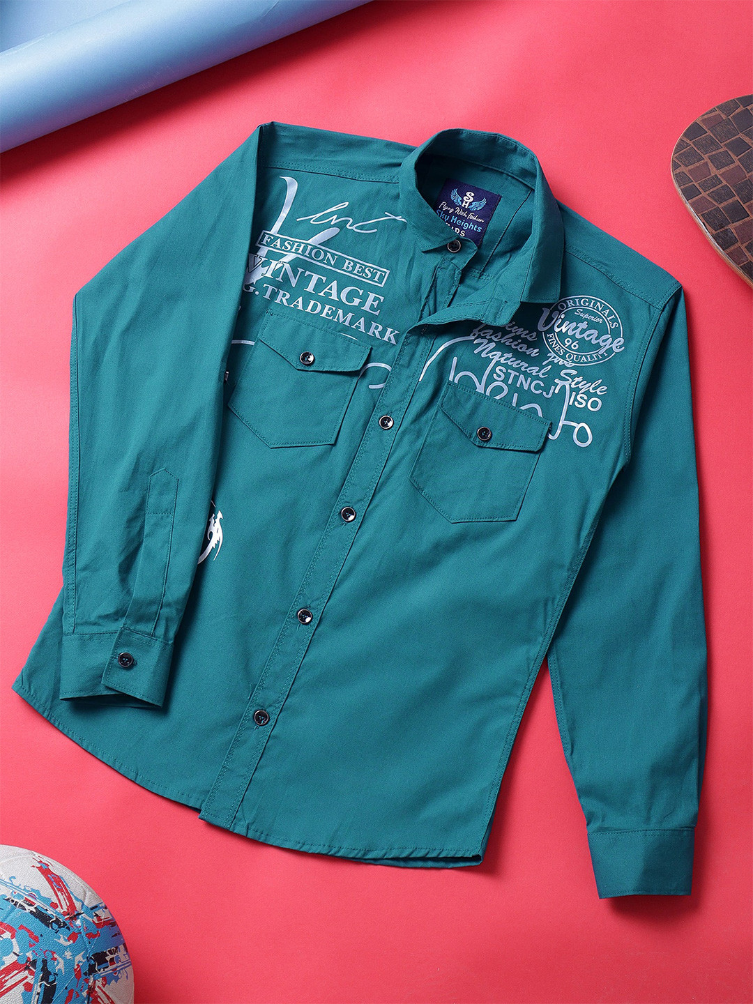 SKY HEIGHTS Boys Typography Printed Spread Collar Cotton Casual Shirt