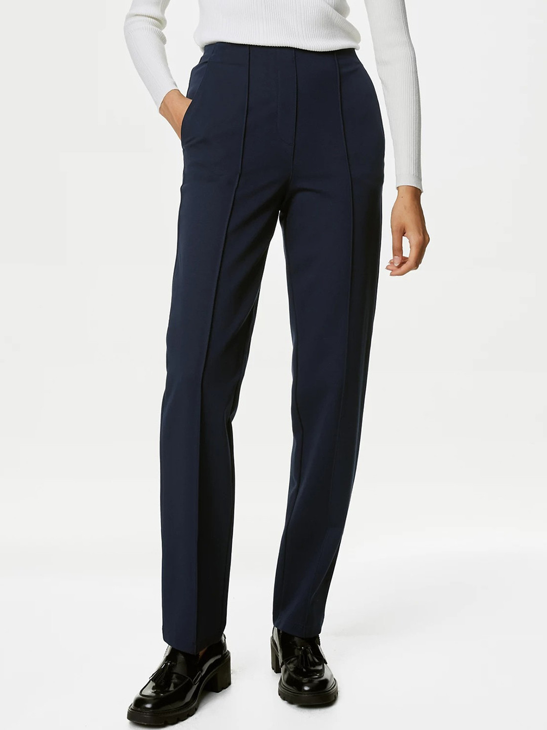 Marks & Spencer Women Straight Fit High-Rise Twill Trousers