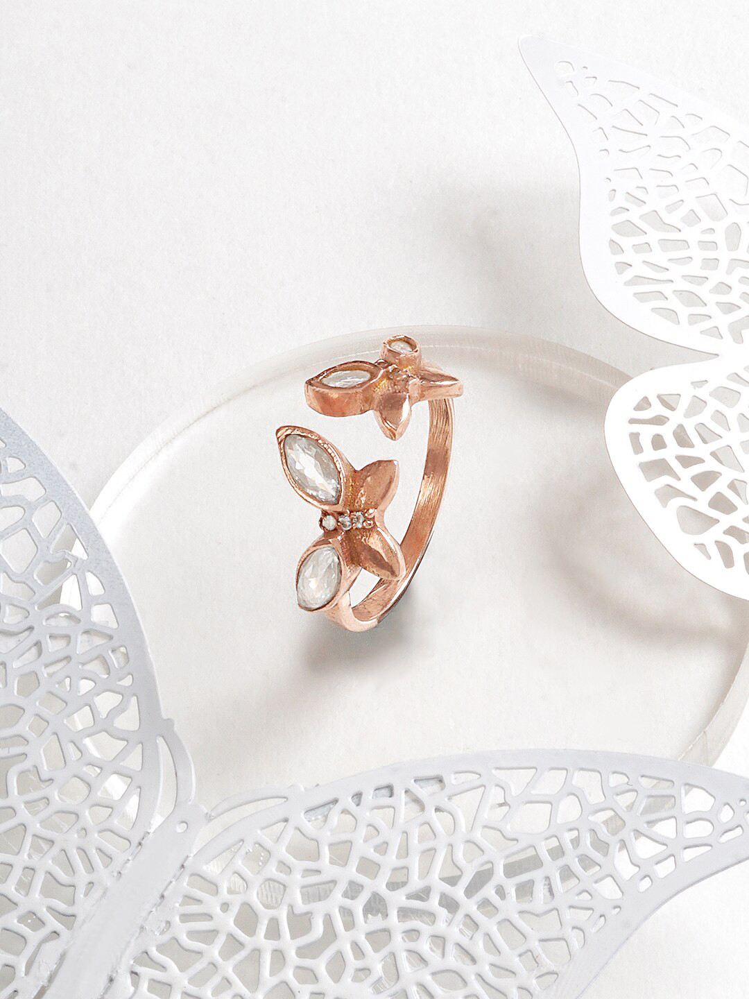 JOKER & WITCH Rose Gold Plated Stones Studded Butter Fly Finger Ring