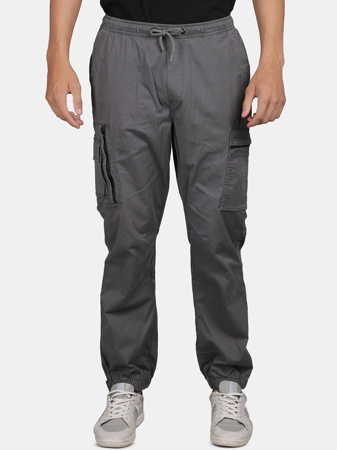 t-base Men Mid-Rise Flat-Front Plain Drawstring Cotton Cargos Jogger