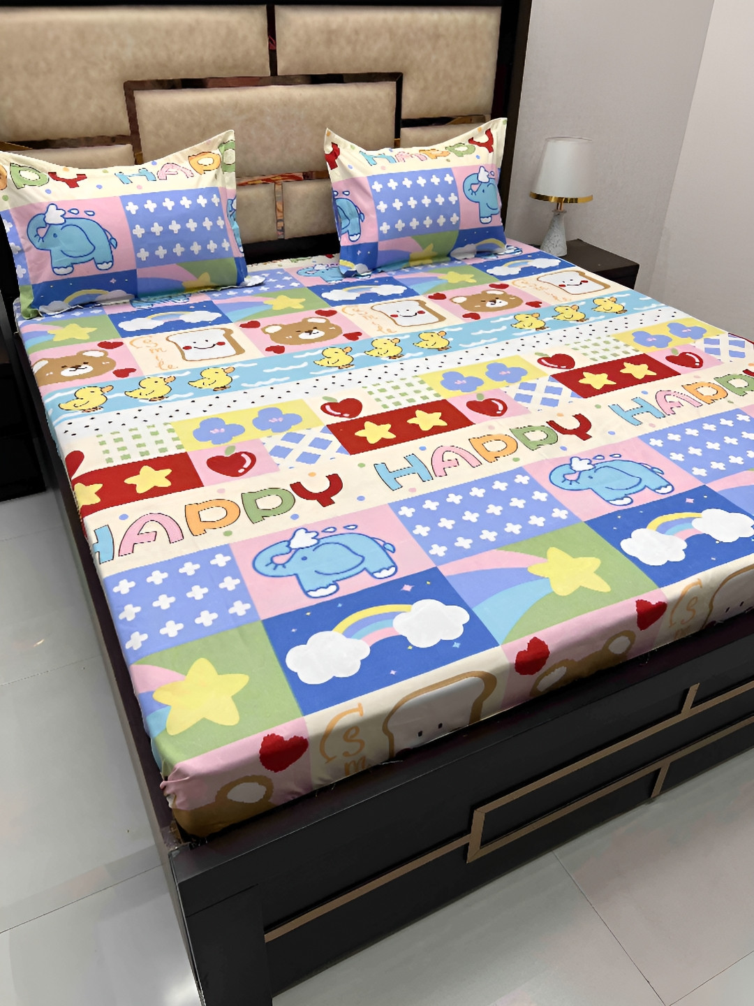 Pure Decor Kids White Conversational Cotton 260 TC Queen Fine Bedsheet with 2 Pillow Covers-228 x 254 cm