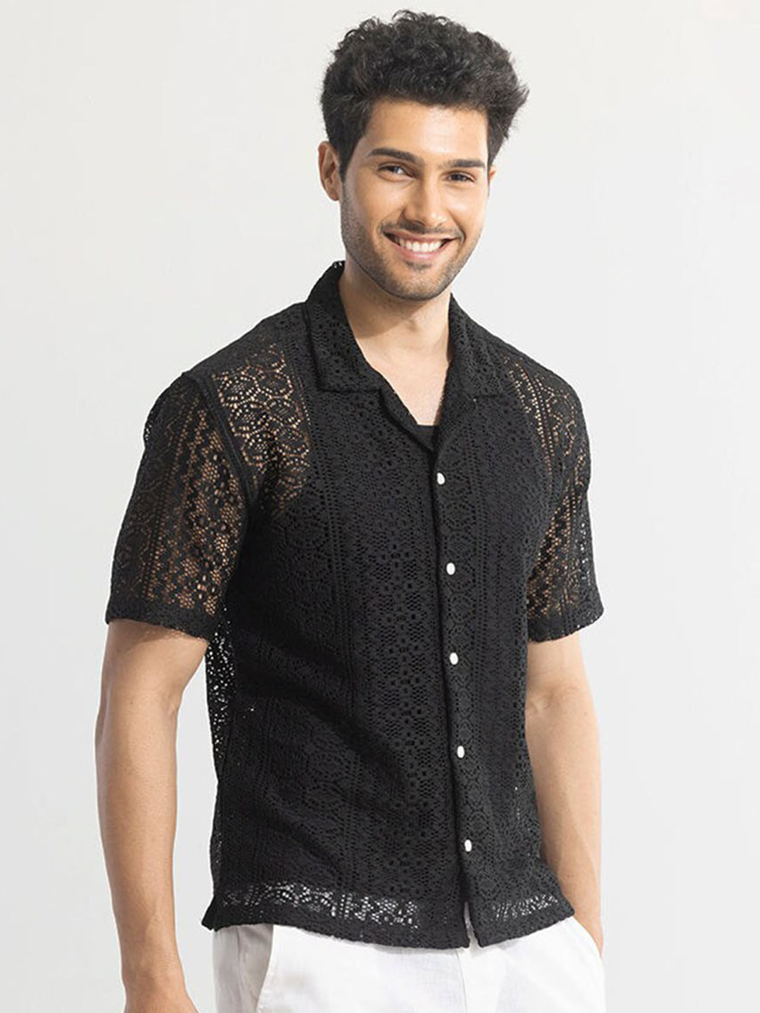 Snitch Black Classic Boxy Self Design Spread Collar Casual Shirt