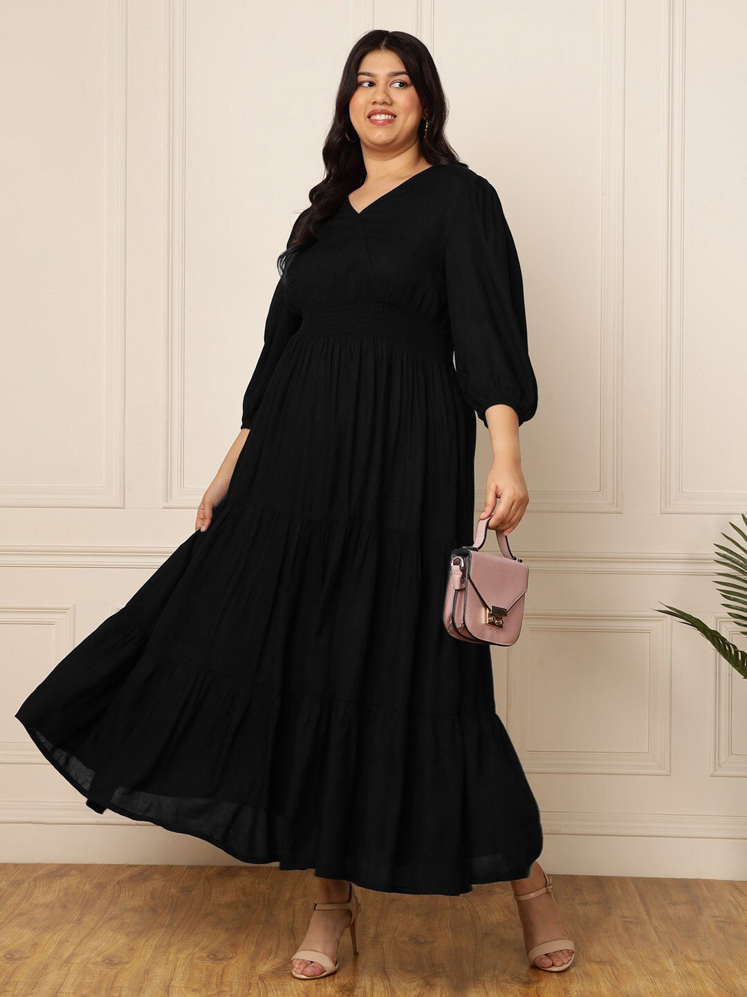 Vibes by Deebaco Flared V-Neck Puff Sleeve Maxi Dress