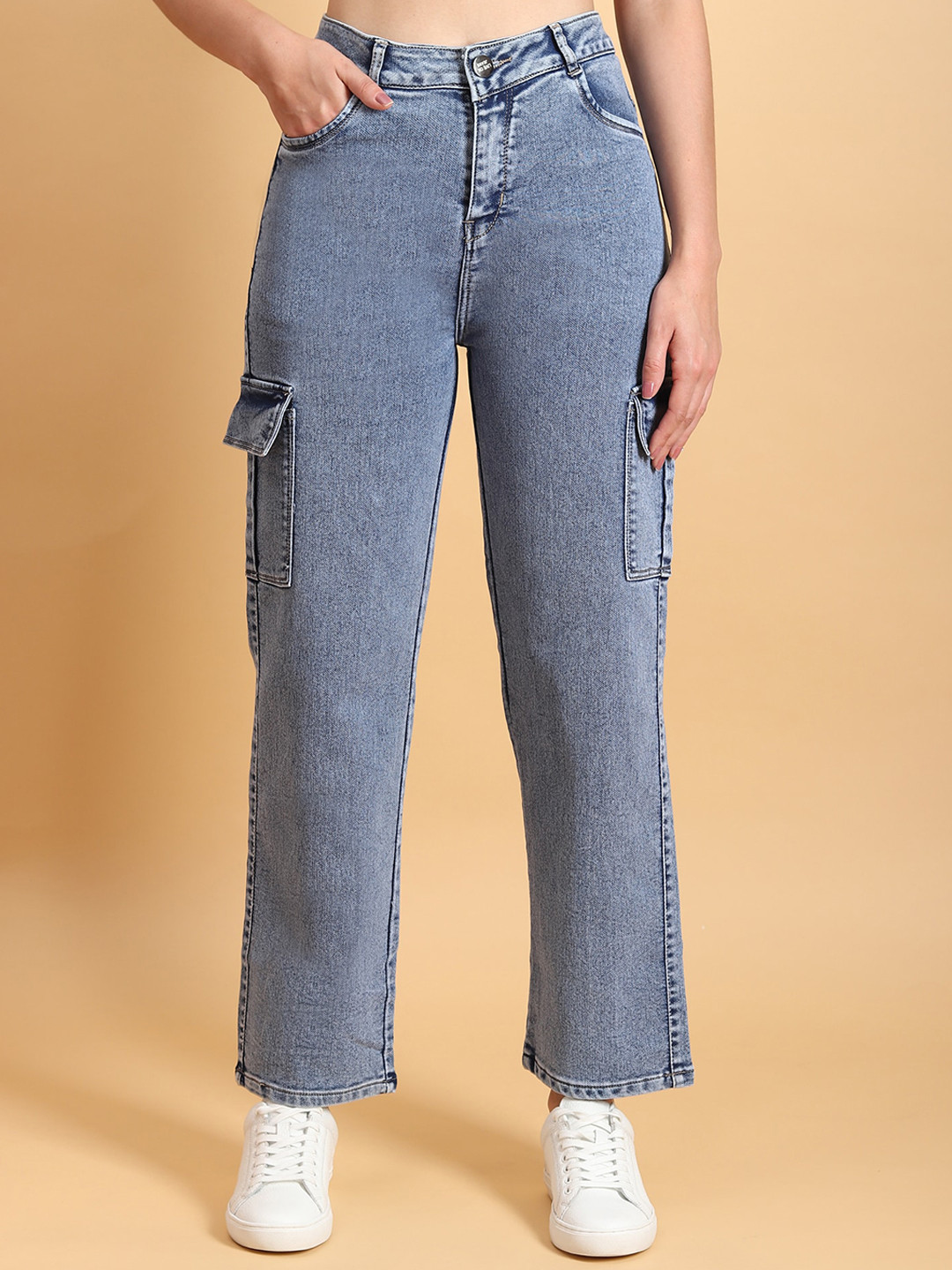 LIVE OK Women Boyfriend Fit High-Rise Clean Look Cotton Cargos