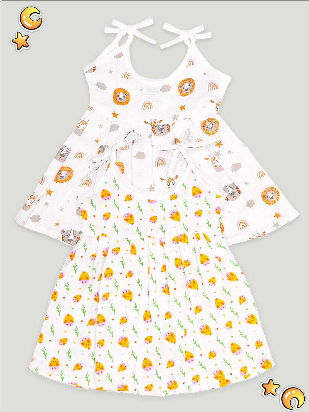 Kidbea Infant Girls Pack Of 2 Conversational Printed Round Neck Cotton Fit & Flare Dress