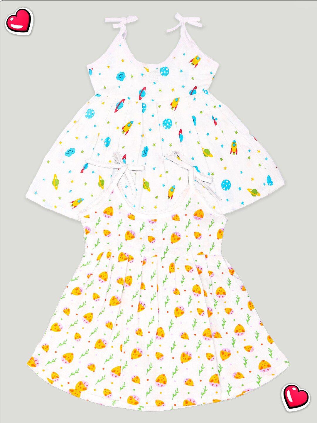 Kidbea Infant Girls Pack Of 2 Conversational Printed Round Neck Cotton Fit & Flare Dress