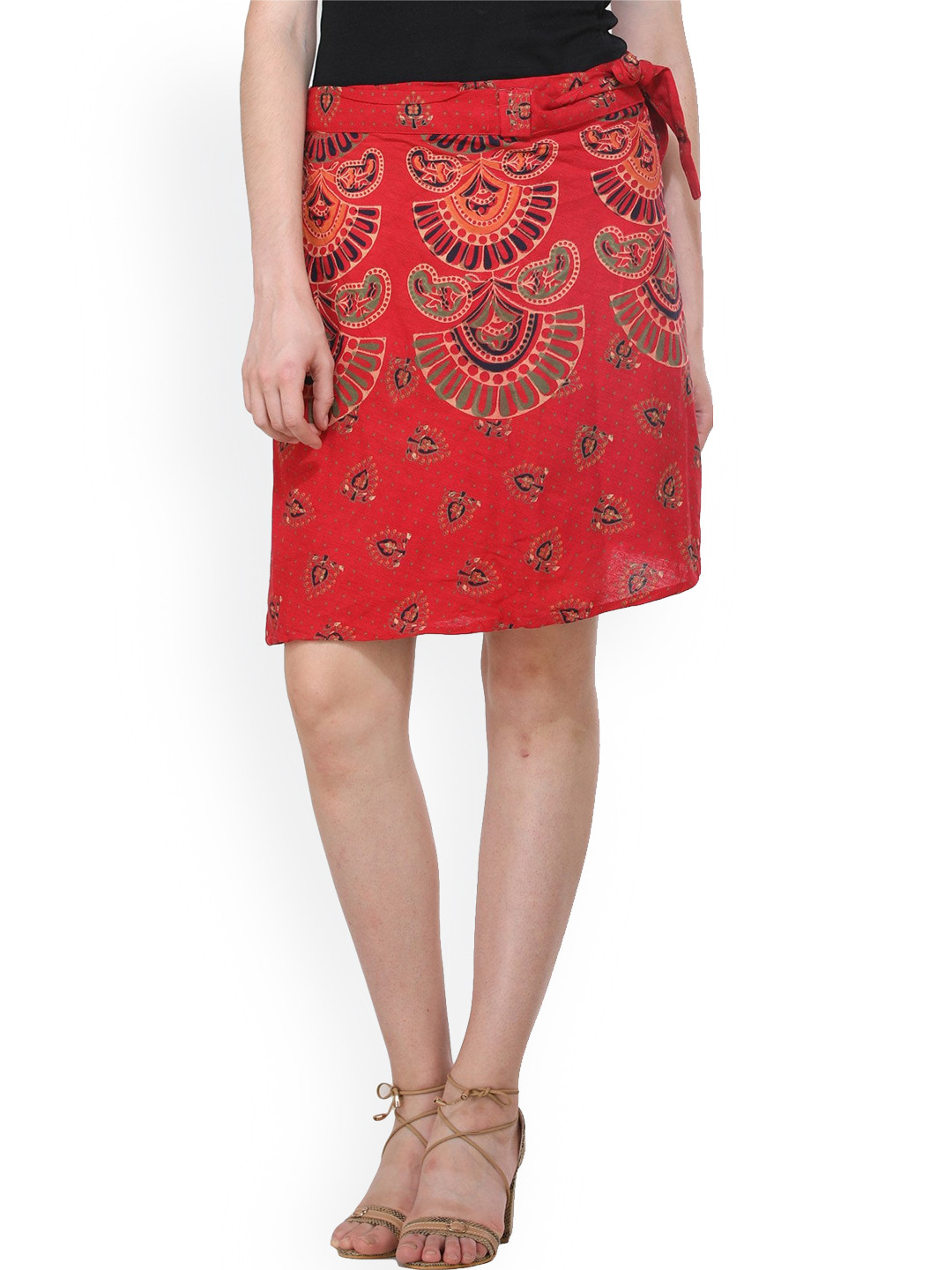 Exotic India Scarlet Pure Cotton Wrap-Around Sanganeri Short-Skirt with Printed Motifs