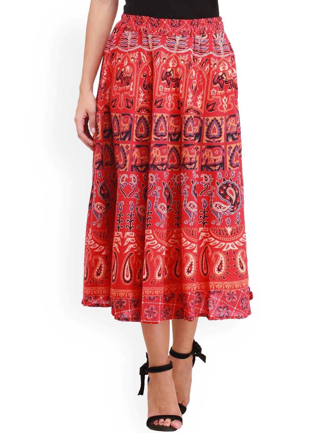 Exotic India Poinsettia Red Sanganeri Midi Skirt with Printed Elephants and Peacocks