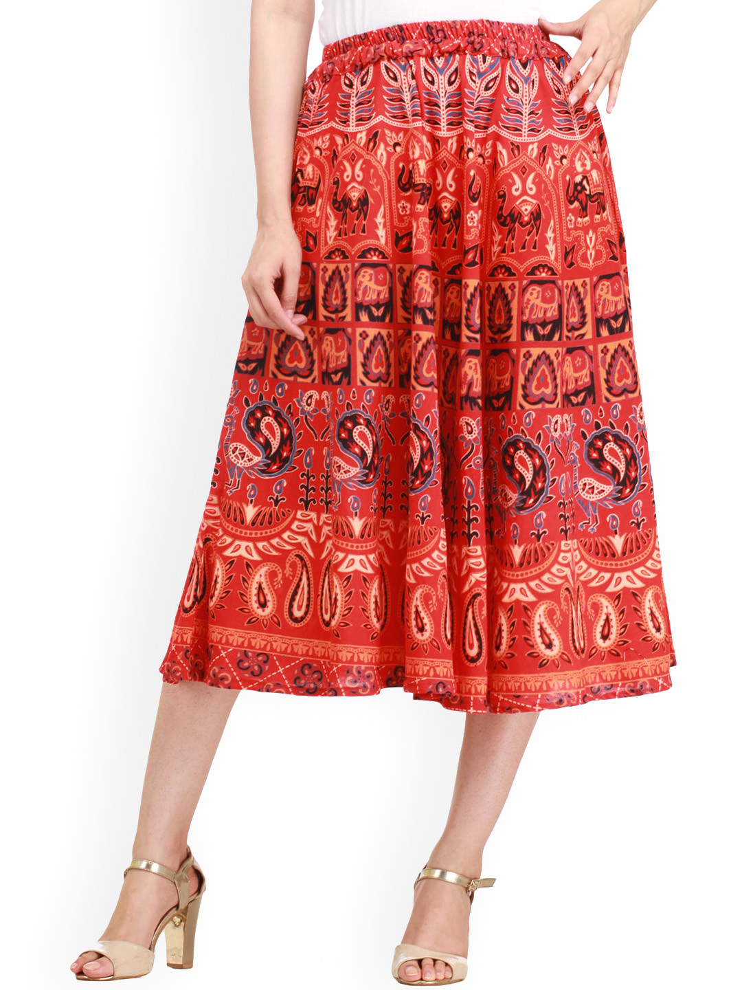Exotic India Tomato Red Sanganeri Midi Skirt with Printed Elephants and Peacocks