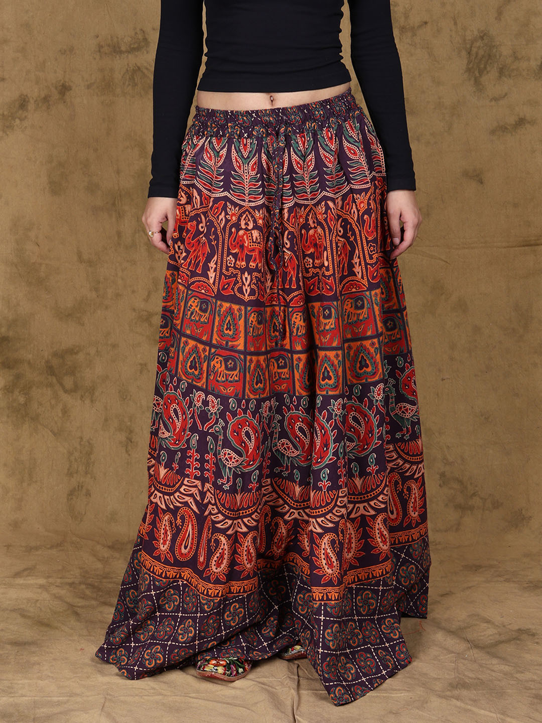 Exotic India French-Roast Sanganeri Long Skirt with Printed Elephants and Peacocks