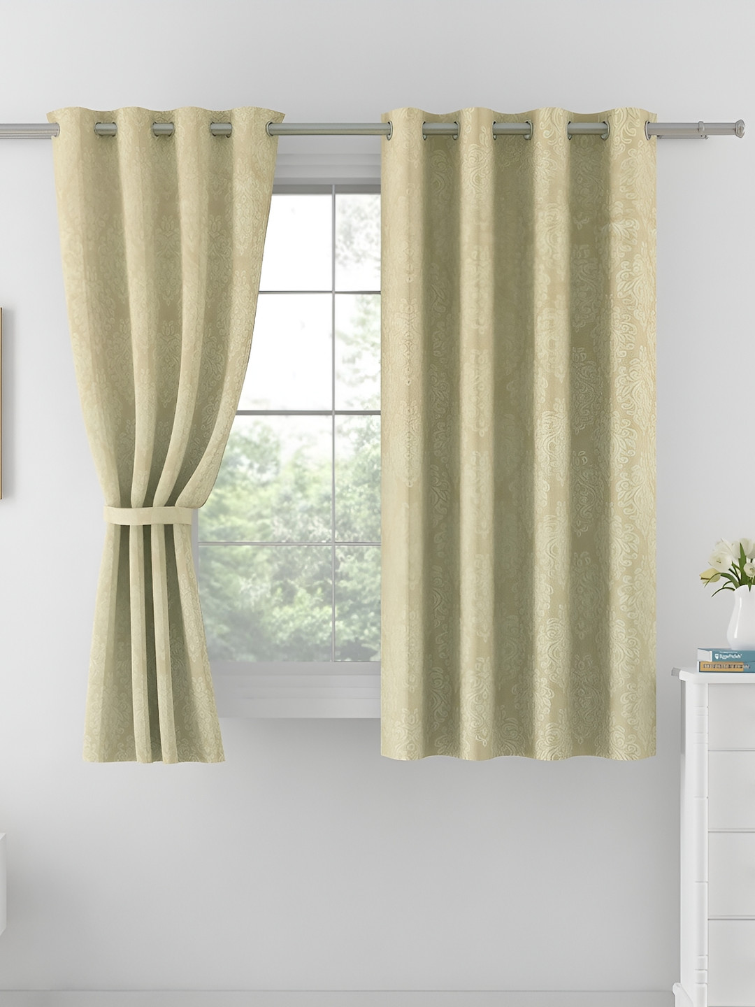Swayam Beige Blackout 250 GSM Single Damask Printed Window Curtain - 54x60 Inches