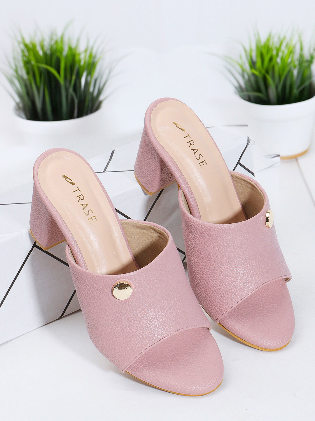 TRASE Open Toe Block Heeled Mules