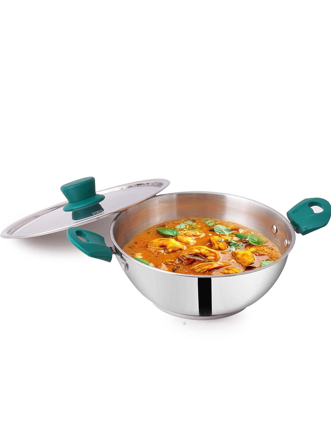 The Indus Valley Silver Toned & Green Induction Base Stainless Steel Kadhai