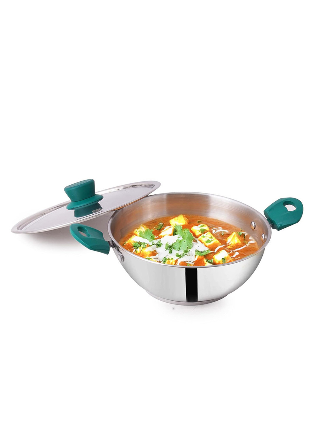 The Indus Valley Silver Toned & Green Stainless Steel Induction Base Kadhai & Wok