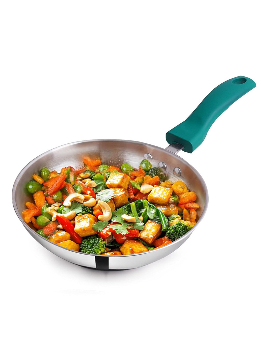 The Indus Valley Silver-Toned & Green Induction Base Stainless Steel Frying Pan