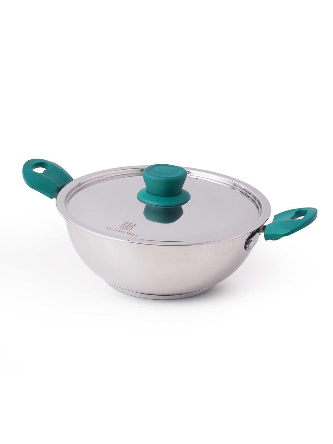 The Indus Valley Silver Toned & Green Stainless Steel Induction Base Kadhai & Wok
