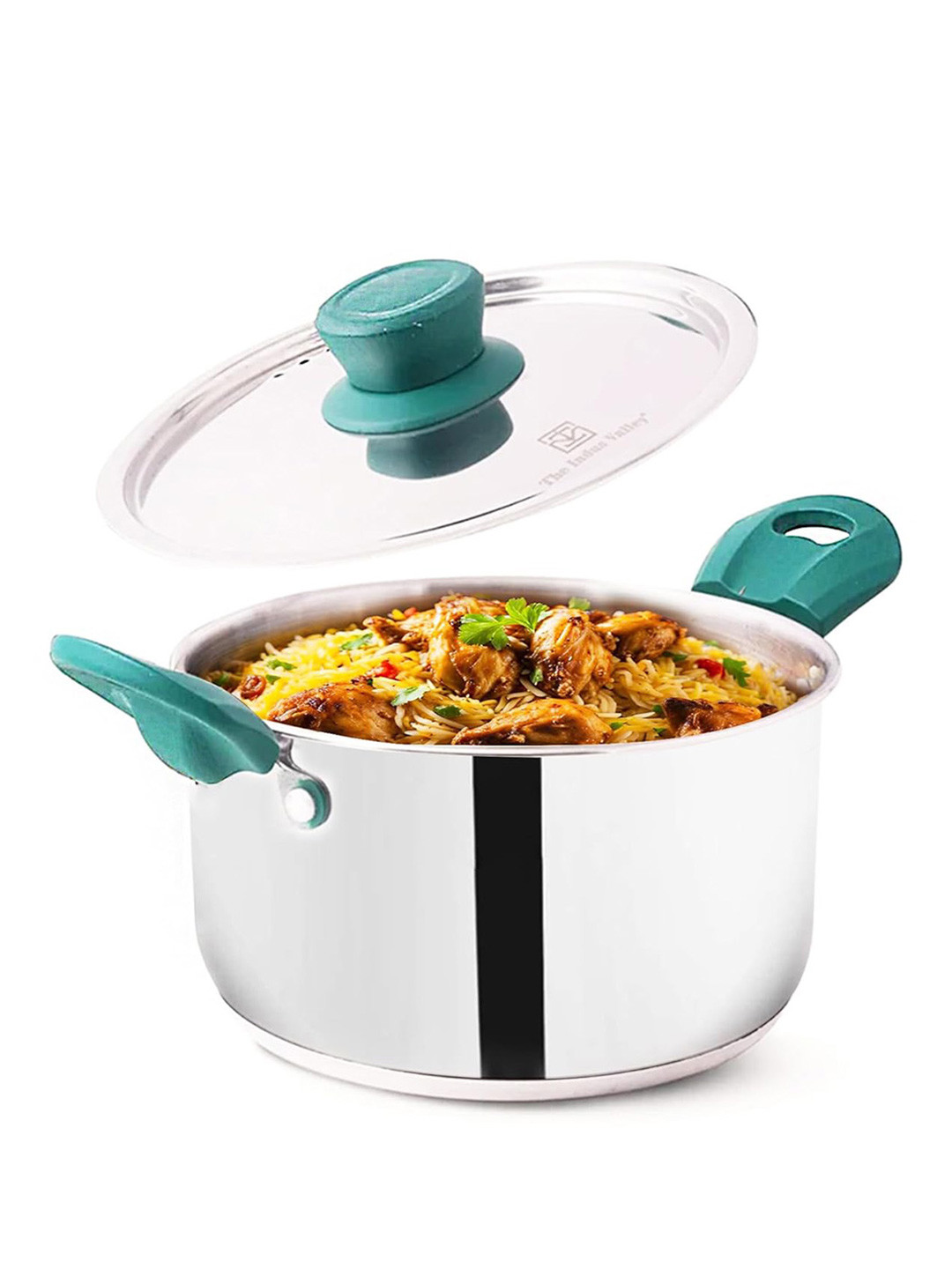The Indus Valley Silver Toned & Green Stainless Steel Induction Cook & Serve Casserole