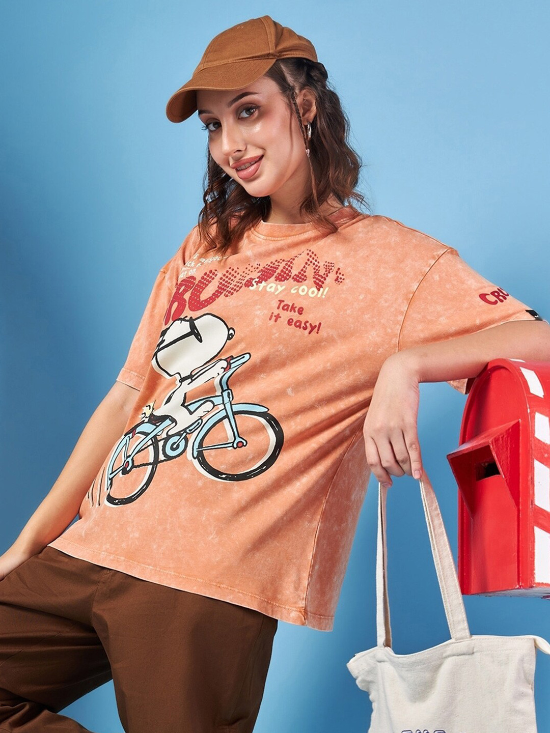 Bewakoof Orange Peanuts Printed Drop-Shoulder Sleeves Oversized Pure Cotton T-shirt