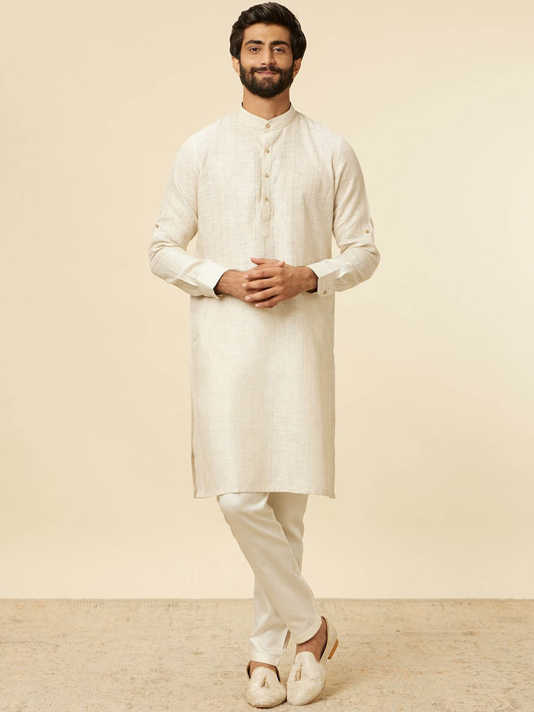 Manyavar Striped Band Collar Linen Straight Kurta