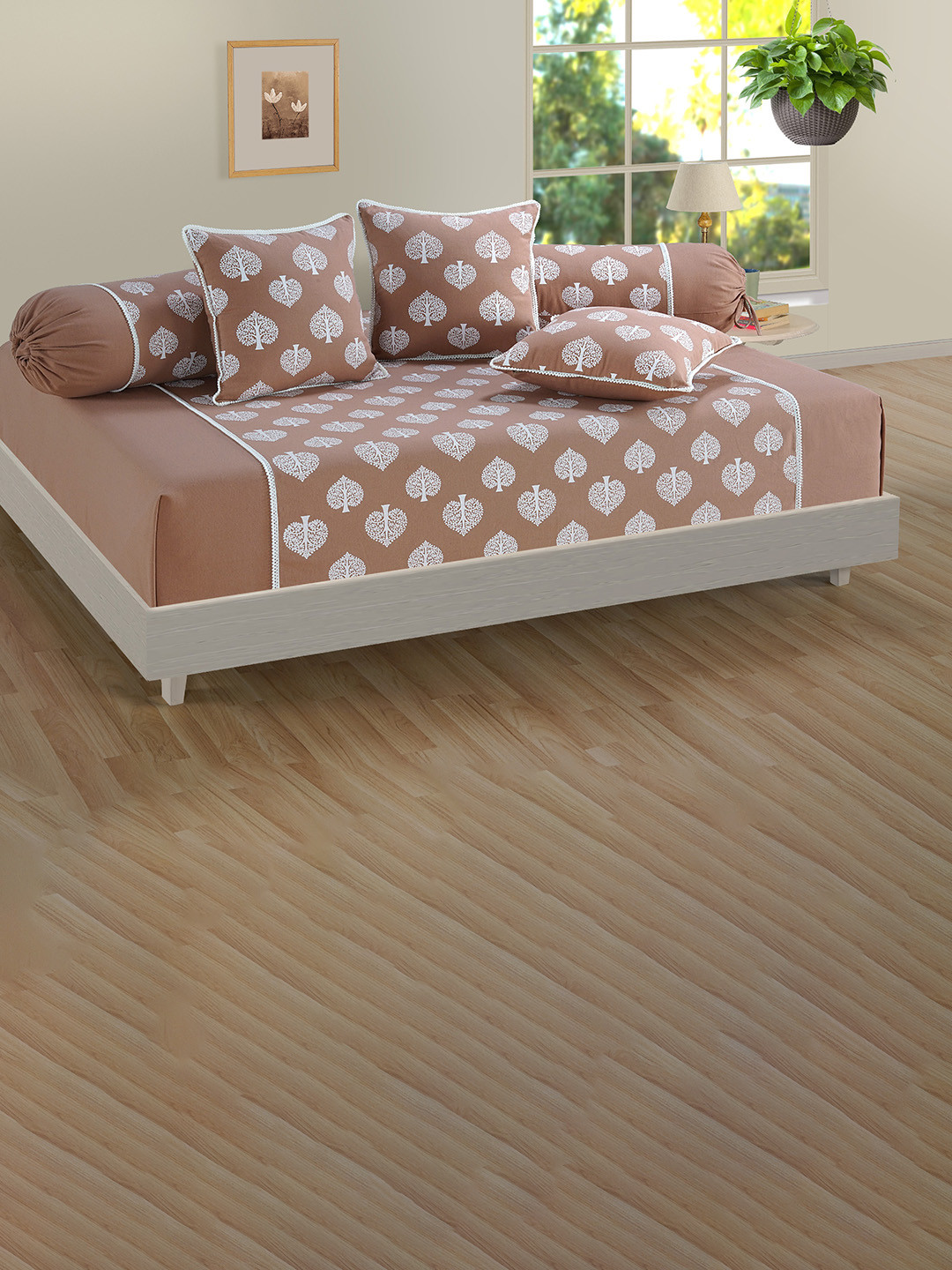 Swayam Gharana 6PC Brown & White Ethnic Motif 100% Cotton Diwan Set