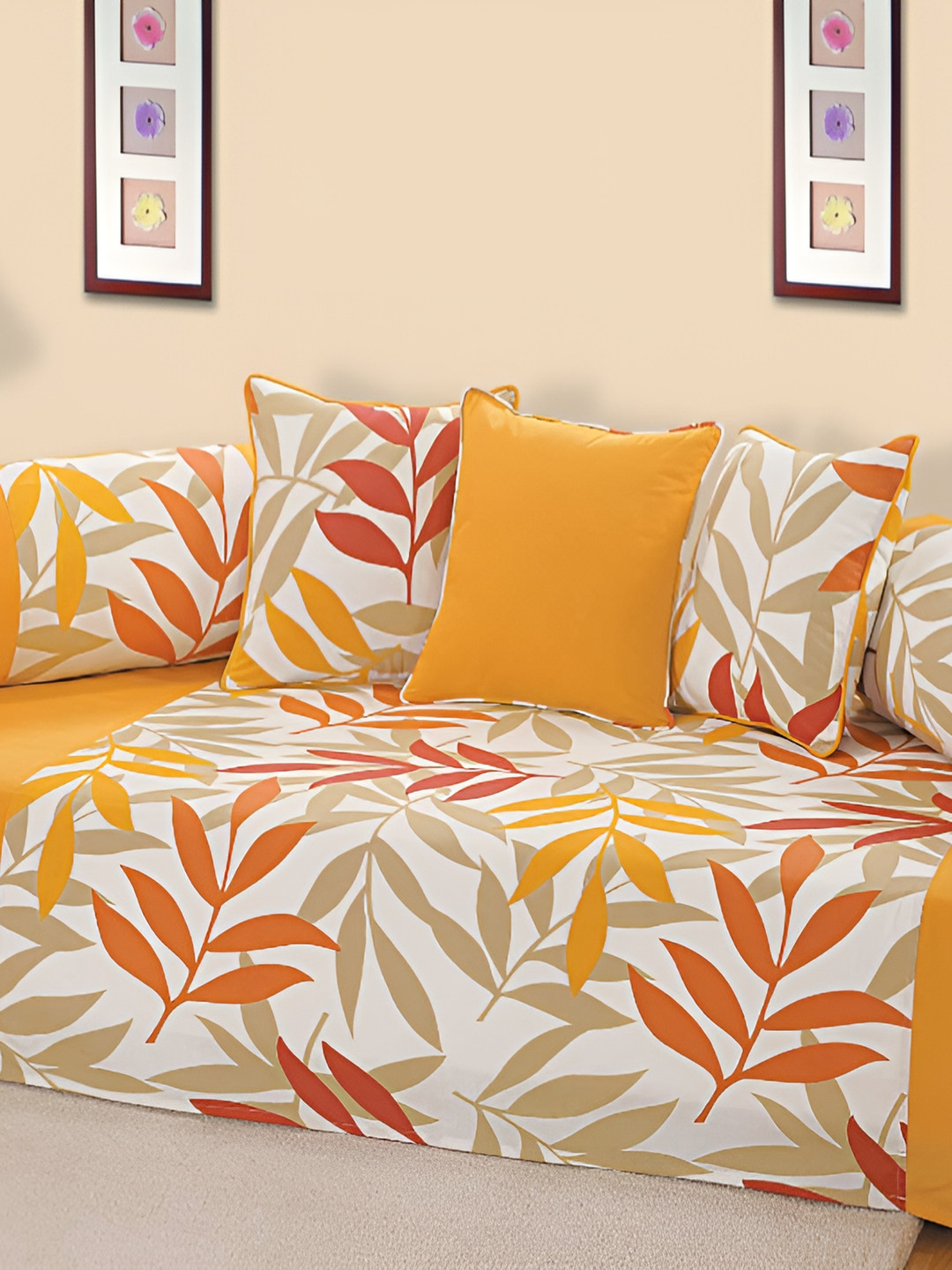 Swayam Shades of Autumn 6PCs Yellow/Red Abstract Floral 200TC Cotton Diwan Set