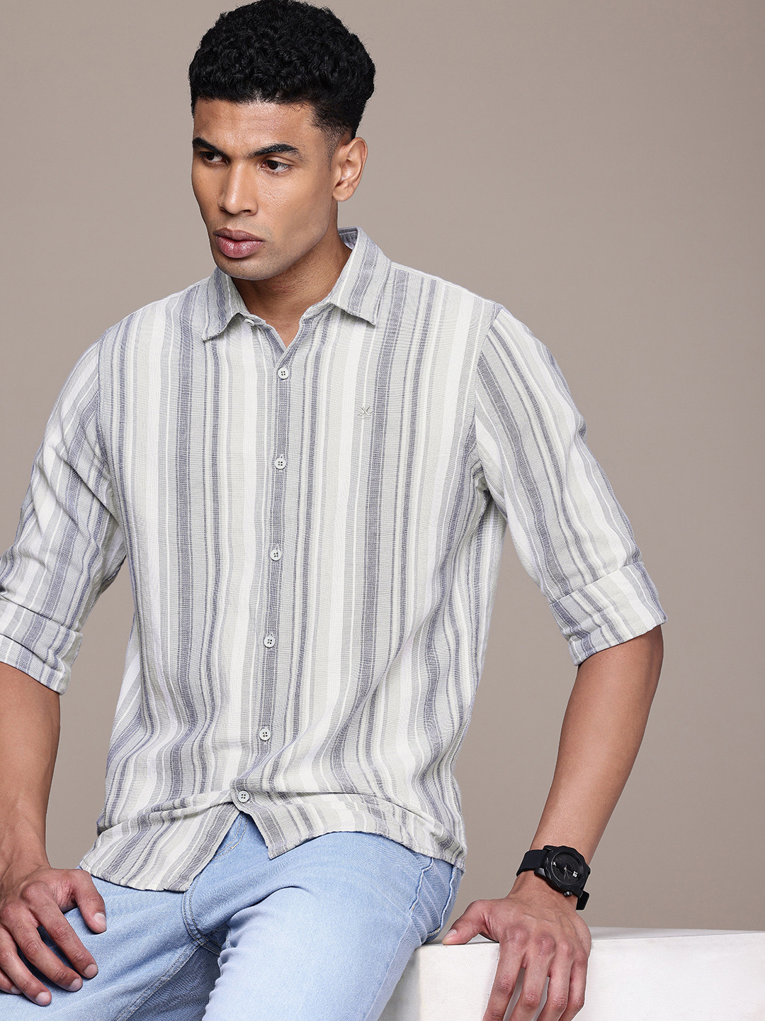 WROGN Pure Cotton Slim Fit Striped Casual Shirt