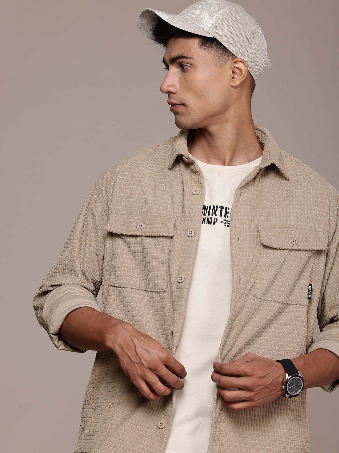 WROGN Self Design Textured Oversized Casual Shirt