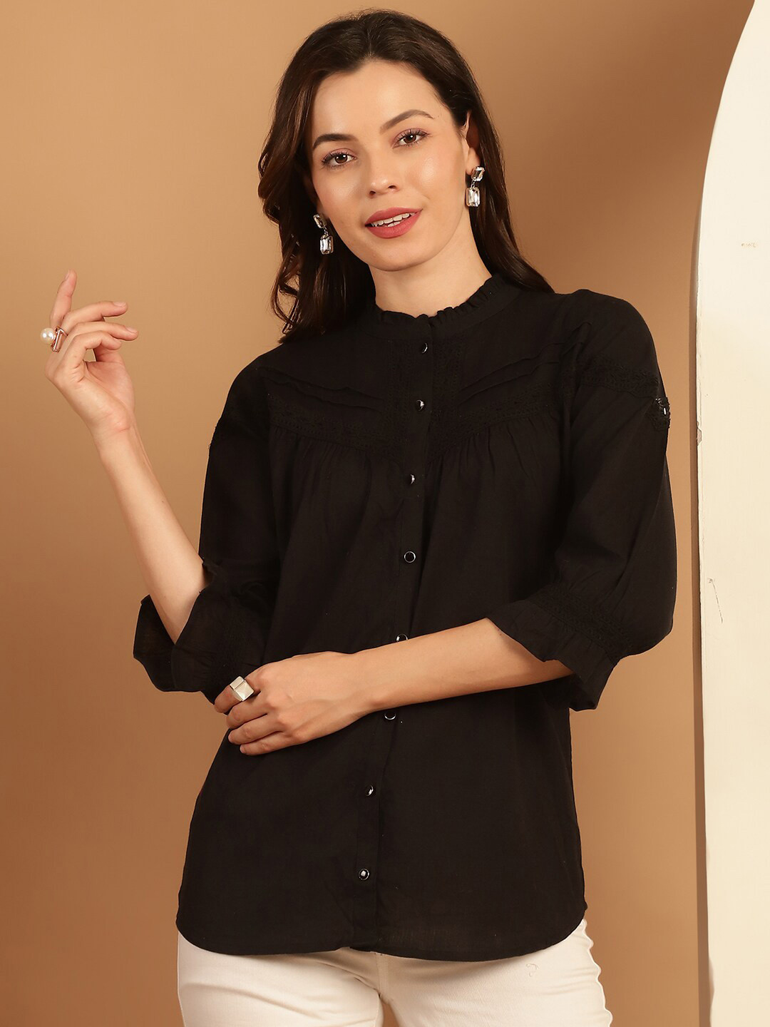 Tulsattva High Neck Gathered Cotton Shirt Style Top