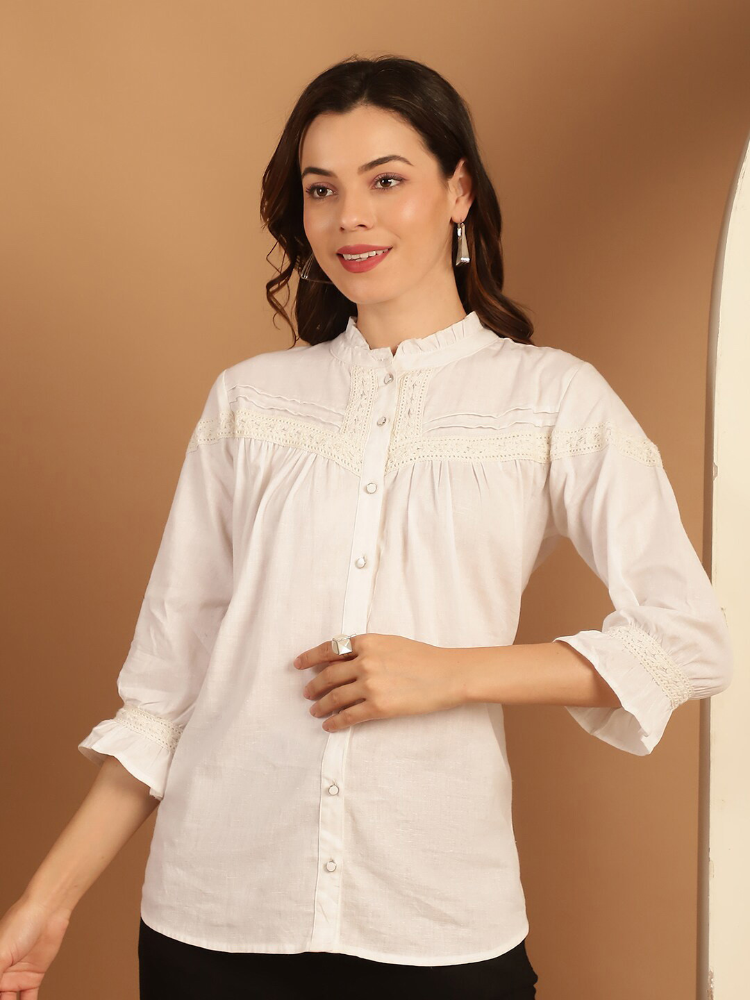 Tulsattva High Neck Gathered Cotton Shirt Style Top