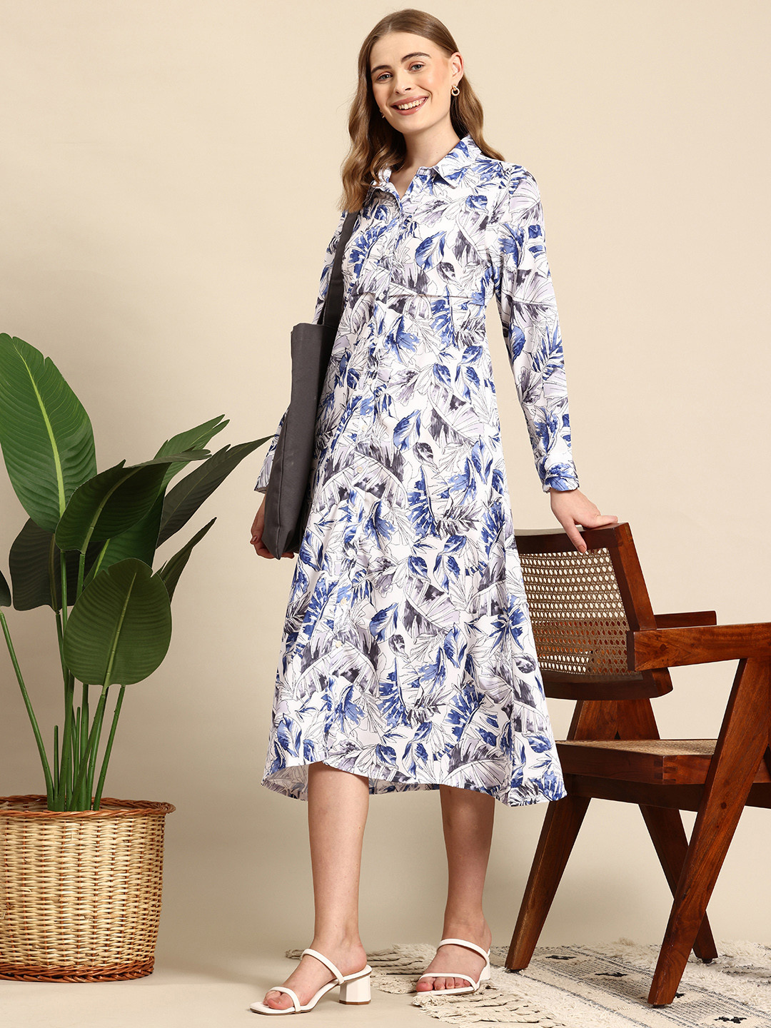 Mast & Harbour Tropical Print Midi Shirt Dress