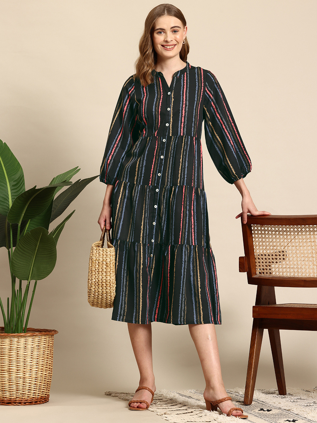 Mast & Harbour Striped Puff Sleeve Tiered Midi Shirt Dress