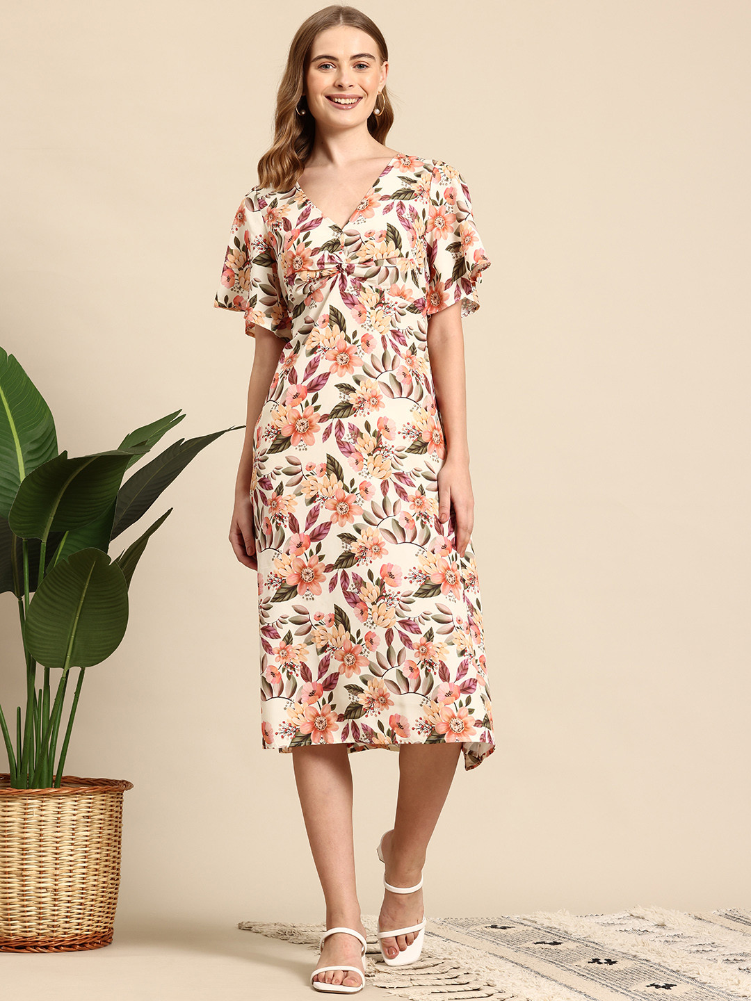 Mast & Harbour Floral Printed Flutter Sleeves Sheath Maxi Dress
