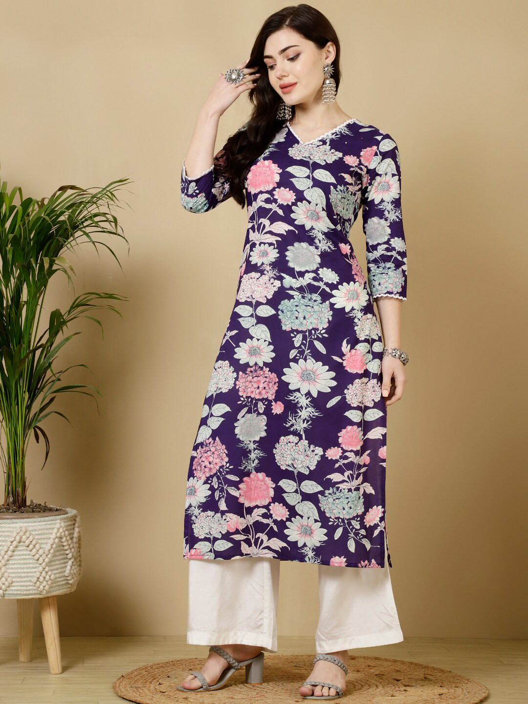 GULMOHAR JAIPUR V-Neck Floral Printed Straight Rayon Kurta