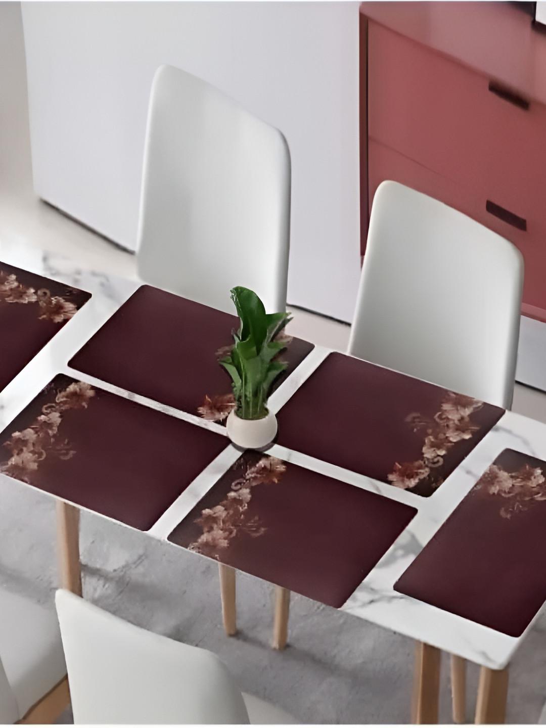 REVEXO Brown 6 Pieces Floral Pattern Rectangle Reversible Table Placemats