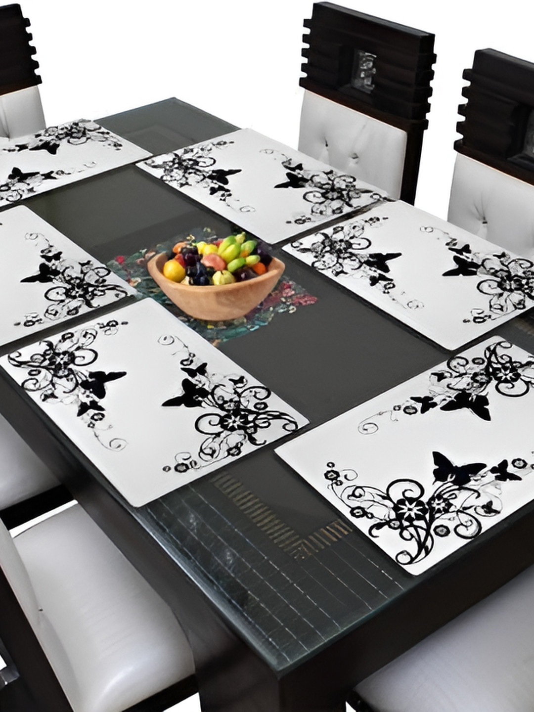 REVEXO 6-Pcs White & Black Floral Pattern Rectangle Reversible Table Placemats