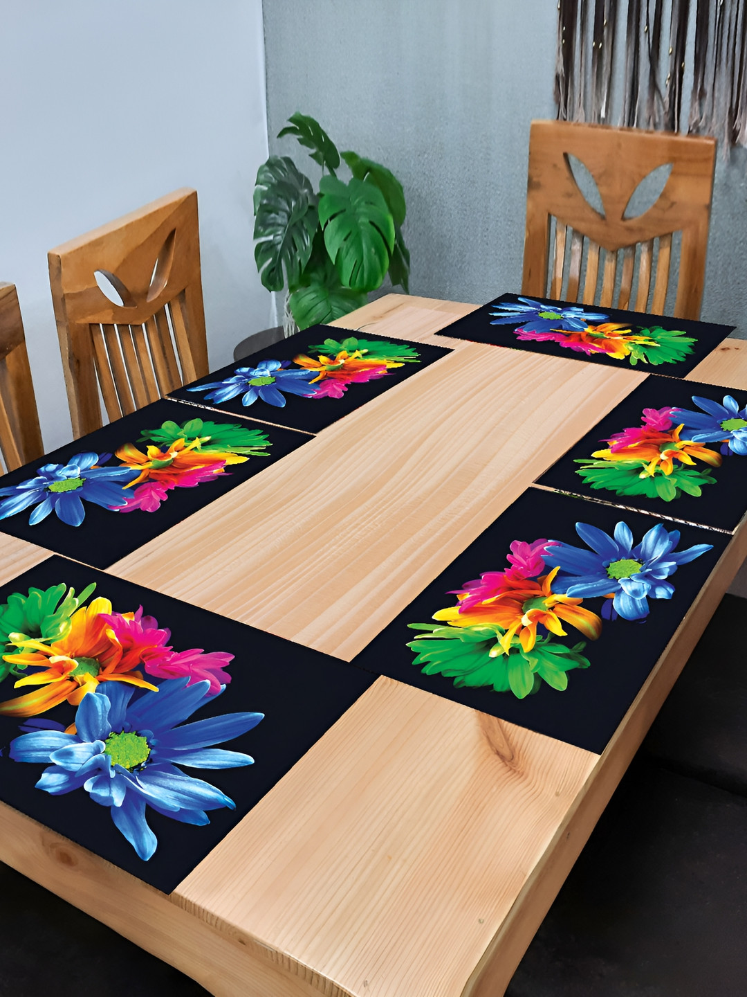 REVEXO Blue & Black 6-pcs Floral Pattern Rectangle Reversible Table Placemats