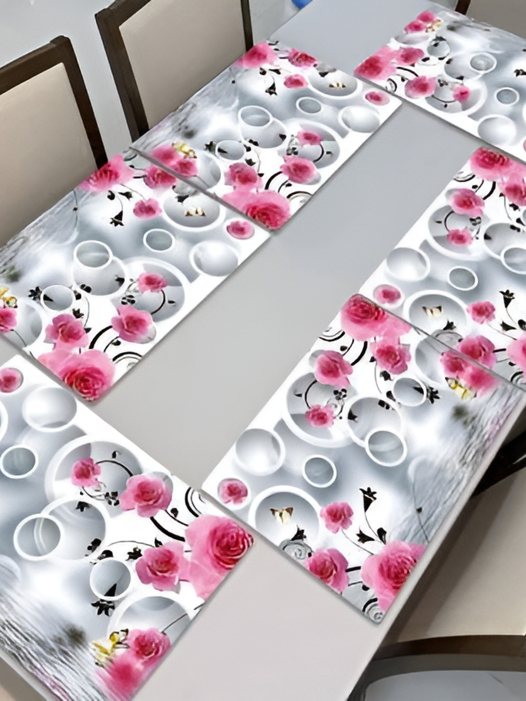 REVEXO 6 Pieces Grey & Pink Floral Pattern Rectangle Reversible Table Placemats