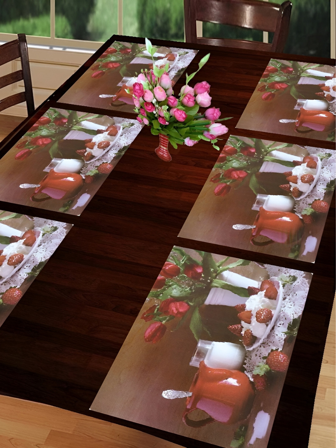 REVEXO 6 Pieces Maroon & Brown Floral Pattern Rectangle Reversible Table Placemats