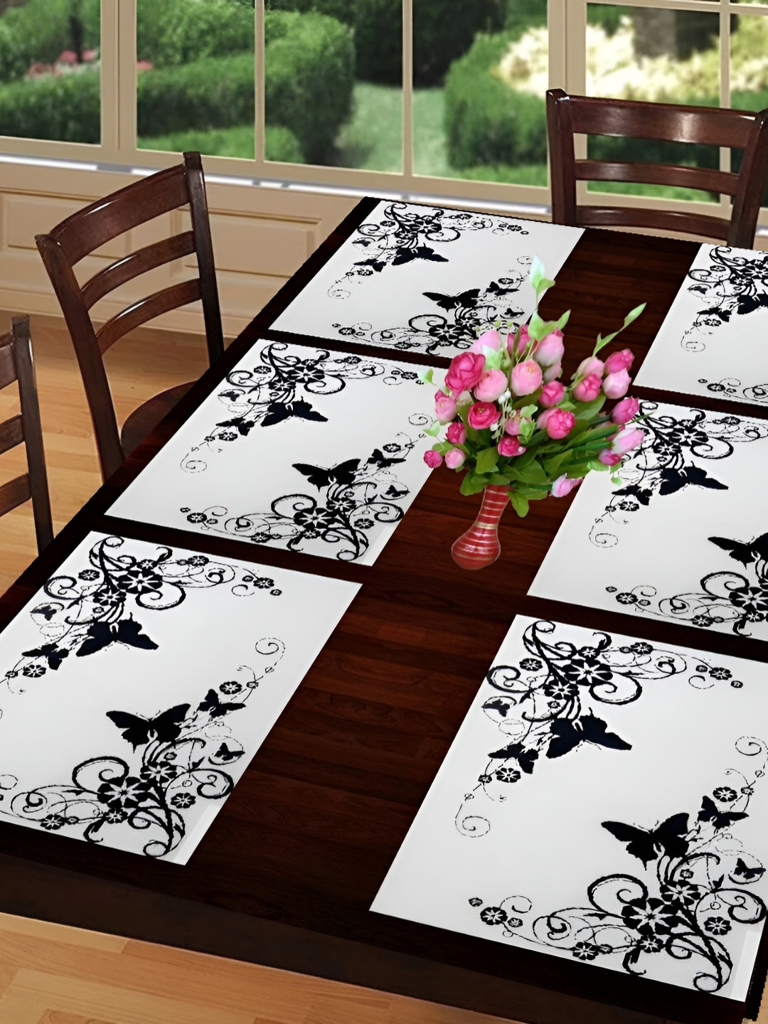REVEXO Pink & Black 6 Pieces Floral Pattern Rectangle Reversible Table Placemats