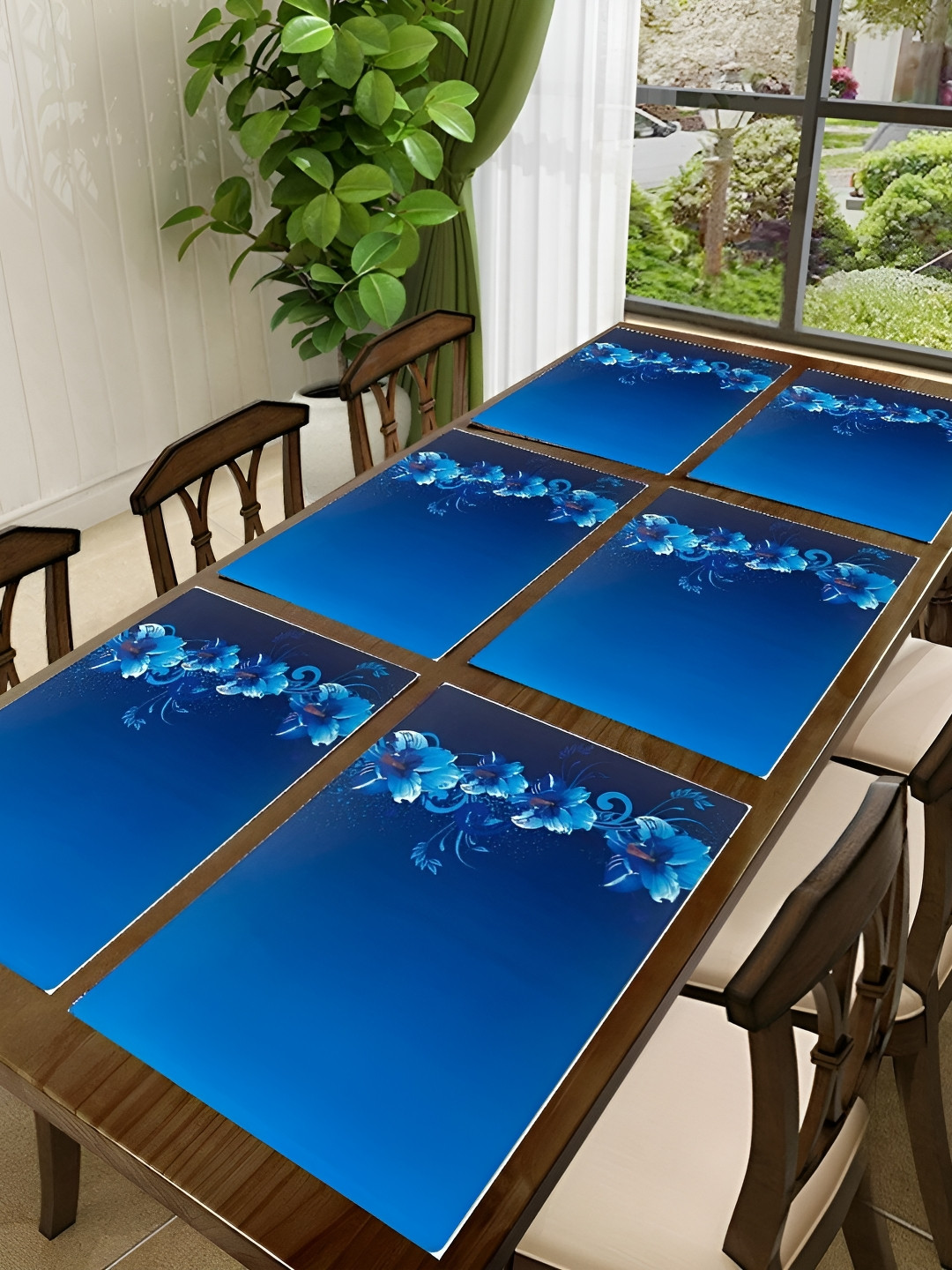 REVEXO Blue 6 Pieces Floral Pattern Rectangle Reversible Table Placemats