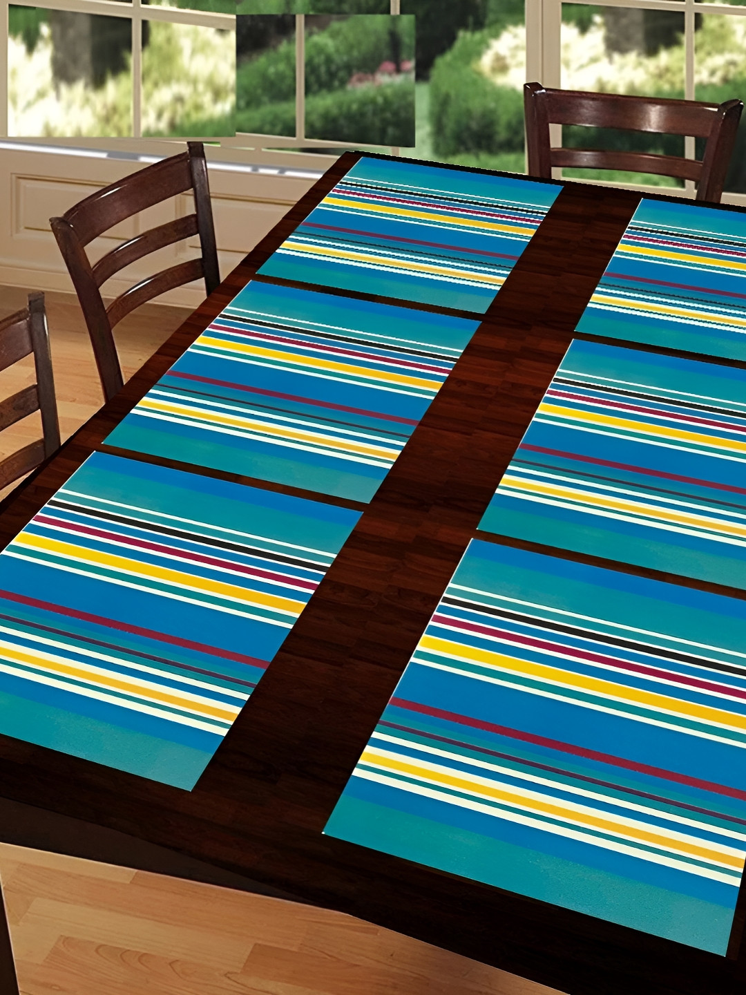 REVEXO 6 Pieces Blue & Pink Striped Rectangular Table Placemats